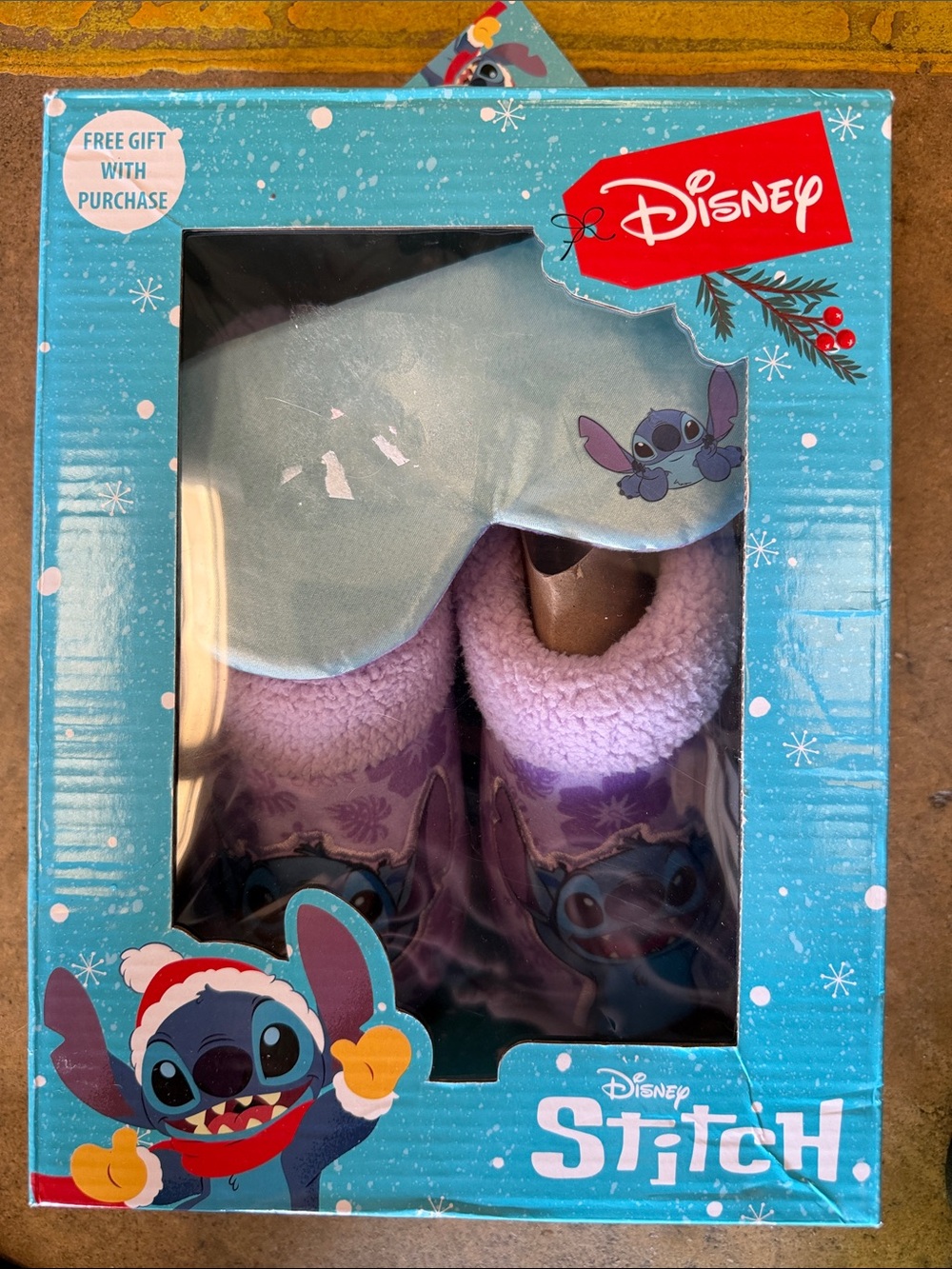 Disney Stitch Slipper Booties with bonus matching eye mask. Size 6. NIB